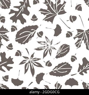 Pattern vettoriale senza giunture con foglie autunnali su sfondo bianco. Design della carta da parati autunnale color argento. Elegante stampa a foglia. Illustrazione Vettoriale