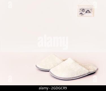 Pantofole in lana naturale sono a pavimento. Sfondo caldo e accogliente. Foto Stock