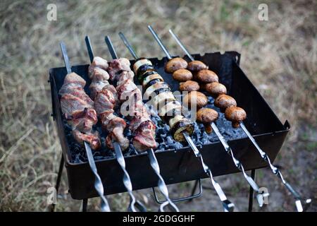 Spiedini di carne e verdure alla griglia, primo piano. Barbecue e funghi sottaceto alla griglia. Kebab su bracier. Foto Stock