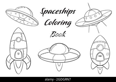 Pagina da colorare di cartoni animati. Navicella spaziale e razzo. Illustrazione del trasporto COSMOS per il libro da colorare Illustrazione Vettoriale