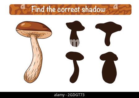 Trova il gioco educativo Boletus Shadow corretto per i bambini. Attività di abbinamento ombra per bambini con funghi commestibili. Puzzle prescolare. Foglio di lavoro didattico. Trova il gioco di silhouette corretto Illustrazione Vettoriale