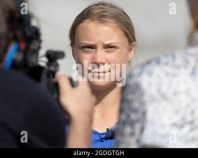 STOCCOLMA, SVEZIA - 12 AGOSTO 2021: 18 anni di attivista svedese sul clima Greta Thunberg in mostra a Stoccolma il venerdì. Foto Stock