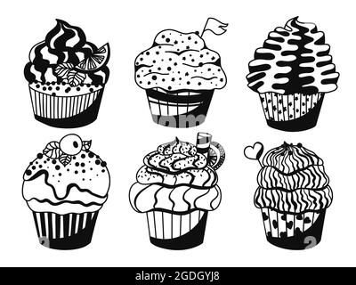 Muffin bianchi e neri con decorazioni diverse: Crema, condimento, frutti di bosco, agrumi, candela. Collezione di dolci disegnati a mano. Vettore Illustrazione Vettoriale