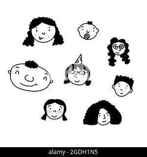 Doodle sorridente set di volti del bambino. Persone disegnate a mano isolate su sfondo bianco. Raccolta Avatar umani. Cartoni animati bambini. Ritratti di ragazzi, ragazze. Diff Illustrazione Vettoriale