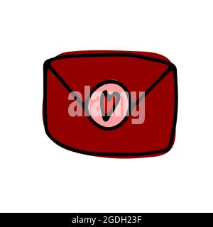 Doodle busta spedente con cuore. Icona a forma di lettera rossa disegnata a mano isolata su sfondo bianco. Segno di comunicazione, messaggio, posta, giorno di San Valentino, Feb Illustrazione Vettoriale