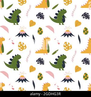 Cute disegno mano senza giunture con dinosauro giallo e verde, foglia tropicale, vulcano e uovo di dinosauro. Design colorato per tessuti per bambini, tessuti, vivai. Stampa decorativa vettoriale infantile. Illustrazione Vettoriale
