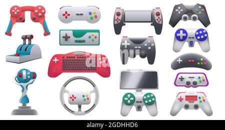 Console per videogiochi, giochi e joystick moderni e retrò. Dispositivi wireless per il controllo dei giochi e volante. Set di vettori dei dispositivi del giocatore Illustrazione Vettoriale