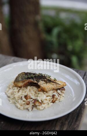 risotto con filetto di branzino su fondo di legno, cucina italiana Foto Stock