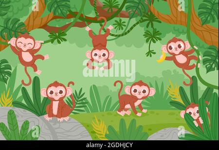Scimmie carine appese su alberi di liana nella foresta della giungla. I personaggi delle scimmie felici dei cartoni animati giocano e saltano. Paesaggio vettoriale dello zoo tropicale infantile Illustrazione Vettoriale