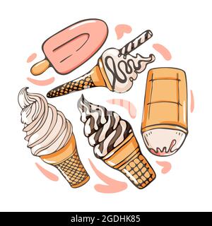 Insieme di icone di gelato vettore doodle illustrazione in un cerchio. Collezione bambini di cieche e papaveri in cono a forma rotonda isolato su bianco Illustrazione Vettoriale