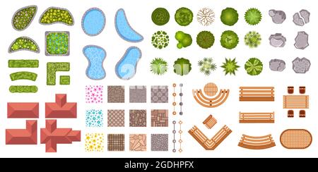 Giardino elementi di design paesaggio vista dall'alto. Recinto cespuglio, fiori, stagni, case e icone marciapiede. Mappa del piano di parcheggio dall'alto del gruppo di vettori Illustrazione Vettoriale