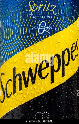 Tyumen, Russia-25 maggio 2021: Lattine in alluminio del logo Schweppes Close-up. Foto Stock