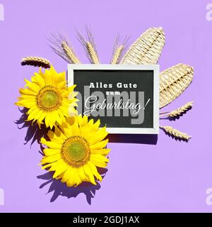 Tetx Alles Gute zum Geburtstag in lingua tedesca significa Buon compleanno. Lavagna con girasoli e orecchie di grano. Disposizione piatta, vista dall'alto su carta viola Foto Stock