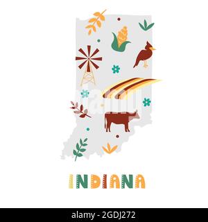 USA mappa raccolta. Simboli di stato e natura sulla silhouette grigia dello stato - Indiana. Cartone animato stile semplice per la stampa Illustrazione Vettoriale