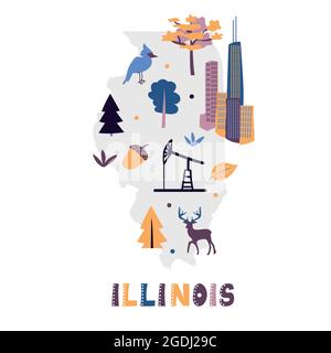 USA mappa raccolta. Simboli di stato e natura sulla silhouette grigia dello stato - Illinois. Cartone animato stile semplice per la stampa Illustrazione Vettoriale