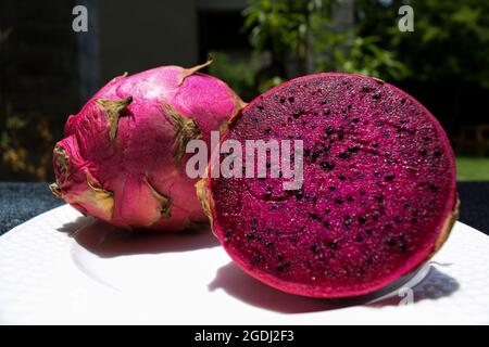 Deliziosa frutta tropicale esotica chiamata Pitaya o Draagonfruit in cesto di vimini. Con sfondo naturale all'aperto. Foto Stock