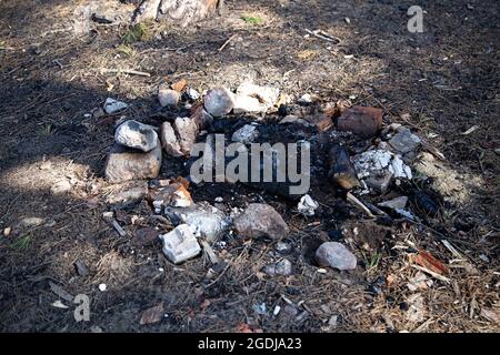 Fuoco nella foresta tra le pietre Foto Stock