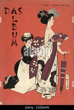 Illustrazione d'epoca di Maid aiutare a vestire una giovane donna in costume tradizionale giapponese, Das Album, Jacques Wely Foto Stock