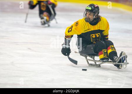 Dresda, Germania. 13 Agosto 2021. Para Ice hockey, partita internazionale, Germania - Svezia, all'EnergieVerbund Arena. Ingo Kuhli-Lauenstein, giocatore della nazionale tedesca di hockey su ghiaccio Para, in azione. Credit: Daniel Schäfer/dpa-Zentralbild/ZB/dpa/Alamy Live News Foto Stock