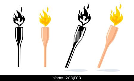 Icone di impostazione vettoriale della torcia con fiamma. Icona vettoriale della torcia con fuoco. Illustrazione Vettoriale