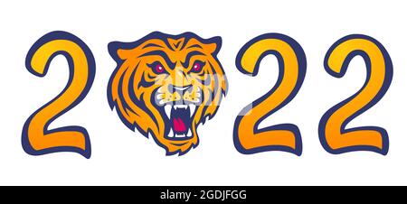 Emblema vettoriale per il nuovo anno del 2022 con testa di tigre. Stampa vintage per t-shirt di tigre arrabbiata per 2022 anni. Illustrazione Vettoriale