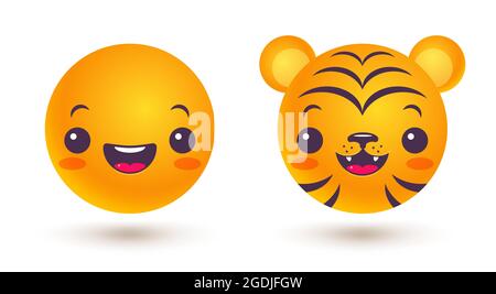 Serie vettoriale di emoji di diverso umore. Vettore Imposta le icone di emoji in stile kawaii. Emoji divertente e tigre in stile kawaii. Illustrazione Vettoriale