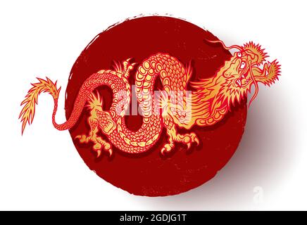 Illustrazione vettoriale di un drago cinese dorato su sfondo rosso. Drago asiatico d'oro. Illustrazione Vettoriale