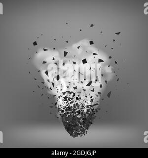 Esplosione nuvola di pezzi neri su sfondo grigio. Le particelle affilate volano in aria in modo casuale. Grande esplosione Illustrazione Vettoriale