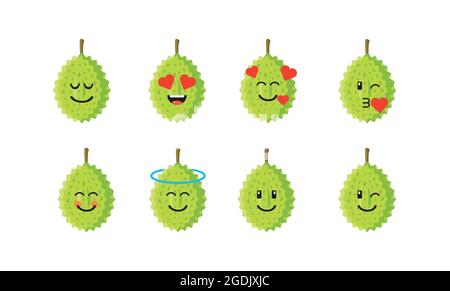 Set di carino durian con emoticon volto leggermente sorridente, volto che soffia un bacio, viso con cuore, sboccando con alone, sboccando con occhio del cuore Illustrazione Vettoriale