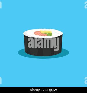 illustrazione del sushi con salmone, avocado, uova e sesamo spruzzato. illustrazione del sushi stile di disegno piatto, illustrazione tradizionale del giappone, sus Illustrazione Vettoriale