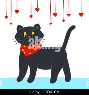 Cat in una simpatica sciarpa gialla alla moda si trova su quattro zampe, e ghirlande festive a forma di cuori appendono dall'alto. Auguri di buon giorno di San Valentino. Illustrazione vettoriale Illustrazione Vettoriale