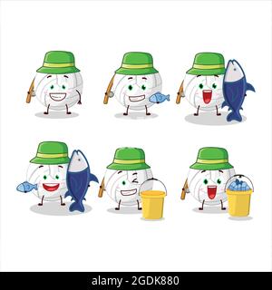 Un pescatore bianco volleyball cartoon immagine cattura un grande pesce. Illustrazione vettoriale Illustrazione Vettoriale