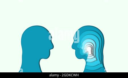 Due umani testa faccia a faccia; psicologo e Multi strato testa di un paziente. Psicoterapia e psicologia consulenza idea di concetto Foto Stock