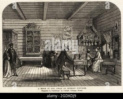 Una stanza nell'Isbah o Russo Cottage, Russo Departmnet, Paris Exposition Universelle, 1867. Visitatori in una tradizionale cabina di legno russa. Incisione in legno di JM dal supplemento alle notizie illustrate di Londra, Londra, 8 giugno 1867. Foto Stock