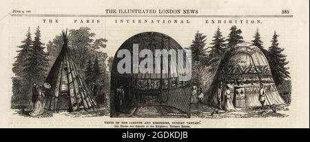 Yakut teepee e Kyrhyz yurt nel Dipartimento russo. Tents of the Jakouts and Kirgheses, Russian Tartar, Paris Exposition Universelle, 1867. Incisione in legno dal supplemento alla Illustrated London News, Londra, 8 giugno 1867. Foto Stock