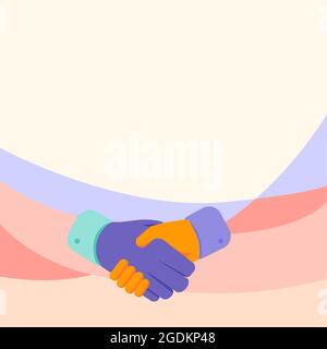 Disegno delle mani in posizione Handshake che mostra il contratto di trattativa e il saluto. Mano scuotitura Palm Design visualizzazione corretta del modo di saluto. Illustrazione Vettoriale