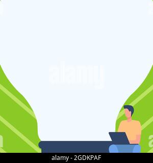 Gentleman disegno seduto utilizzando il laptop accanto alla lampadina grande. Businessman Design si siede e utilizza un computer portatile davanti a una lampada di illuminazione enorme. Illustrazione Vettoriale