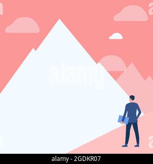 Gentleman in vestito disegno in piedi tenere notebook di fronte Tall Mountain Range. Uomo in Uniform Design trasportando blocco note guardando High Peak. Illustrazione Vettoriale