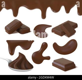 Budini di crema al cioccolato realistici, burro di cacao e pezzi da bar. Roccatura di cioccolato fondente sul cucchiaio, bordo ghiacciato liquido e set vettoriale goccia di fusione Illustrazione Vettoriale