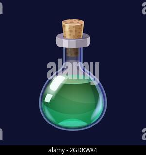 Bottiglia con pozione verde liquido magico elisir icona di gioco GUI. Estrazione vettoriale per l'interfaccia utente dei giochi per applicazioni Illustrazione Vettoriale