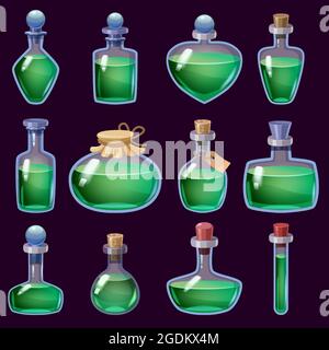 Set di bottiglie pozione liquida magica elisir colorato . GUI dell'icona di gioco per l'interfaccia utente dei giochi per applicazioni. Vector illstration isolato stile cartoon su nero Illustrazione Vettoriale