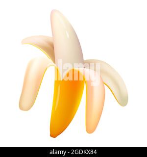 Banana bucciata matura, frutta fresca intera organica, colore giallo, icona. Icona simbolo illustrazione vettoriale cartoon Illustrazione Vettoriale