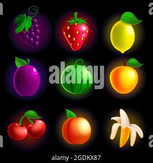 Set di icone slot per frutta . Simbolo della collezione classica per il gioco d'azzardo, app mobile. Illustrazione vettoriale stile cartoon Illustrazione Vettoriale