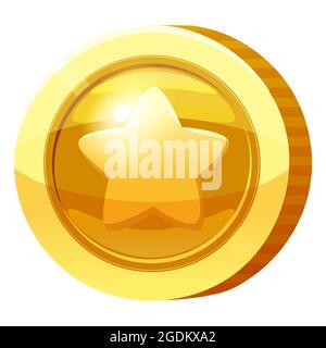 Medaglia d'oro simbolo stella moneta. Token d'oro per giochi, elemento di risorsa dell'interfaccia utente. Illustrazione vettoriale Illustrazione Vettoriale