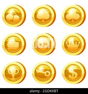 Set di monete d'oro per le applicazioni di gioco. Icone d'oro, mute di carte, corona, cranio, chiave, Calice, interfaccia utente del gioco dei simboli, gioco d'azzardo. Illustrazione vettoriale isolata Illustrazione Vettoriale