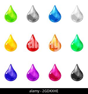 Set drops lucido colorato risorsa di gioco. Aqua, gelatina, cristallo, goccia di vetro, bolle elementi sparati. Applicazione GUI Cartoon Vector Illustrazione Vettoriale