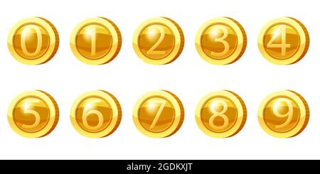 Impostare i numeri delle monete della medaglia d'oro da 0 a 9 simboli. Gettoni d'oro per giochi, elementi delle risorse dell'interfaccia utente. Illustrazione vettoriale Illustrazione Vettoriale