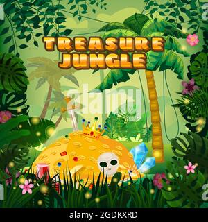 Treasure Jungle, Tropical Rainforest, pila di pirati d'oro piena di monete d'oro gemme spada corona. Palme esotiche foresta foglie diverse piante esotiche Illustrazione Vettoriale