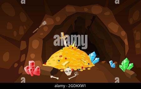 Grotta del tesoro, pila d'oro, monete, gemme, corona, spada, cristalli. Concept art per giochi, app. Sfondo stile cartoon Illustrazione Vettoriale