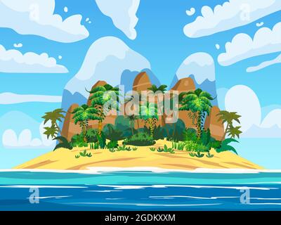 Isola tropicale, montagne rocciose, piante esotiche, palme, giungla, mare, oceano, nuvole. Località turistica estiva. Illustrazione vettoriale Illustrazione Vettoriale
